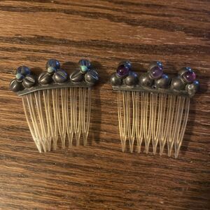 Pair of vintage Silver Hair Combs With Stones Set of 2 Purple Green